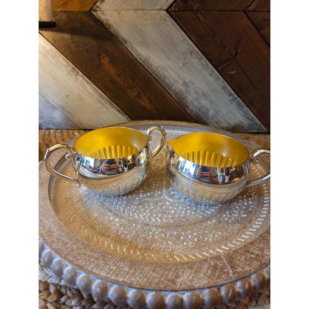 Vintage Silver Plated Creamer and Sugar Bowl Set Gold Wash Interior Fluted